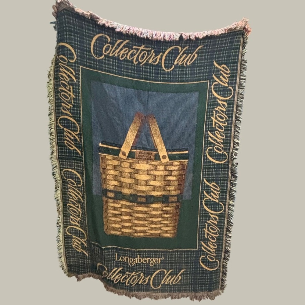 Longaberger Collectors Club Woven Tapestry Throw Blanket Green Plaid Basket